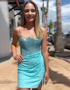 Kyana | Sparkly Blue Beaded Corset Spaghetti Straps Tight Homecoming Dress