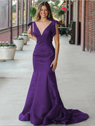 Kycera | Sky Blue V Neck Mermaid Satin Long Prom Dress With Bow