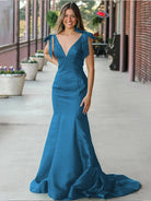 Kycera | Sky Blue V Neck Mermaid Satin Long Prom Dress With Bow