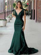 Kycera | Sky Blue V Neck Mermaid Satin Long Prom Dress With Bow