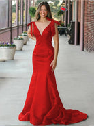 Kycera | Sky Blue V Neck Mermaid Satin Long Prom Dress With Bow