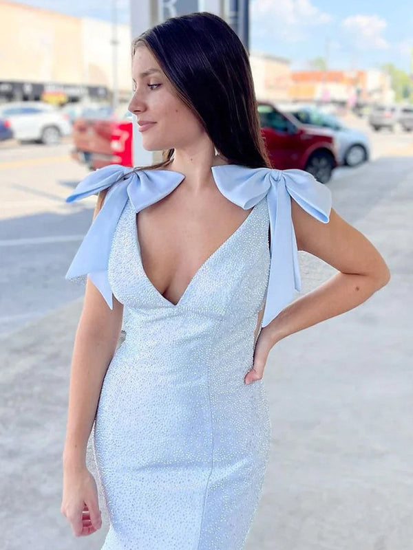 Kycera | Sky Blue V Neck Mermaid Satin Long Prom Dress With Bow