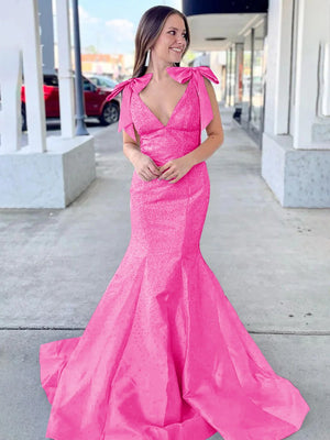 Kycera | Sky Blue V Neck Mermaid Satin Long Prom Dress With Bow