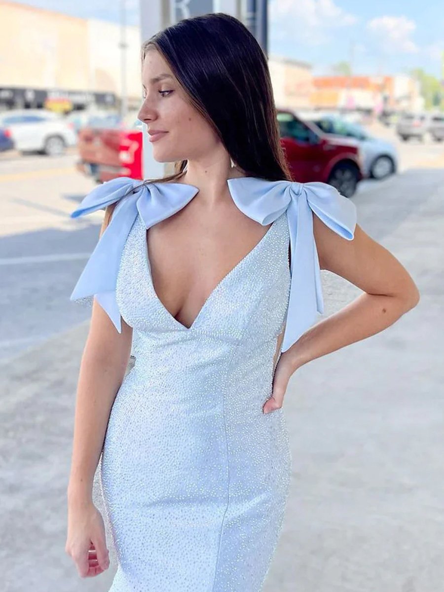 Kycera | Sky Blue V Neck Mermaid Satin Long Prom Dress With Bow