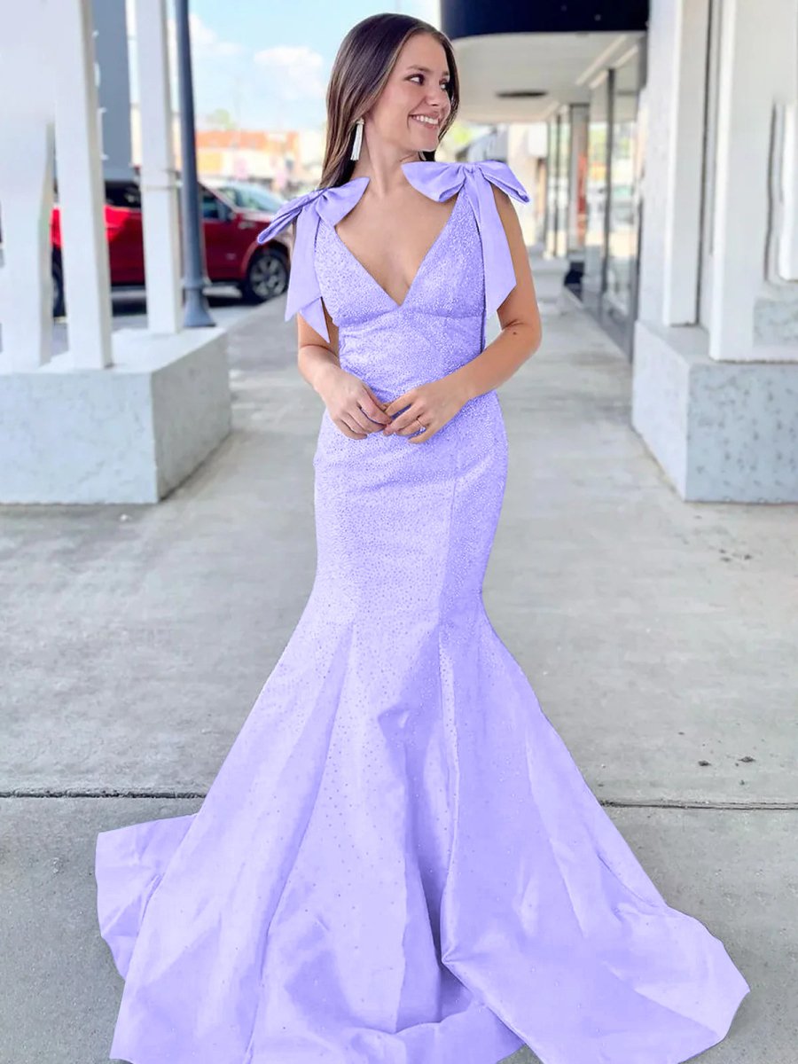 Kycera | Sky Blue V Neck Mermaid Satin Long Prom Dress With Bow