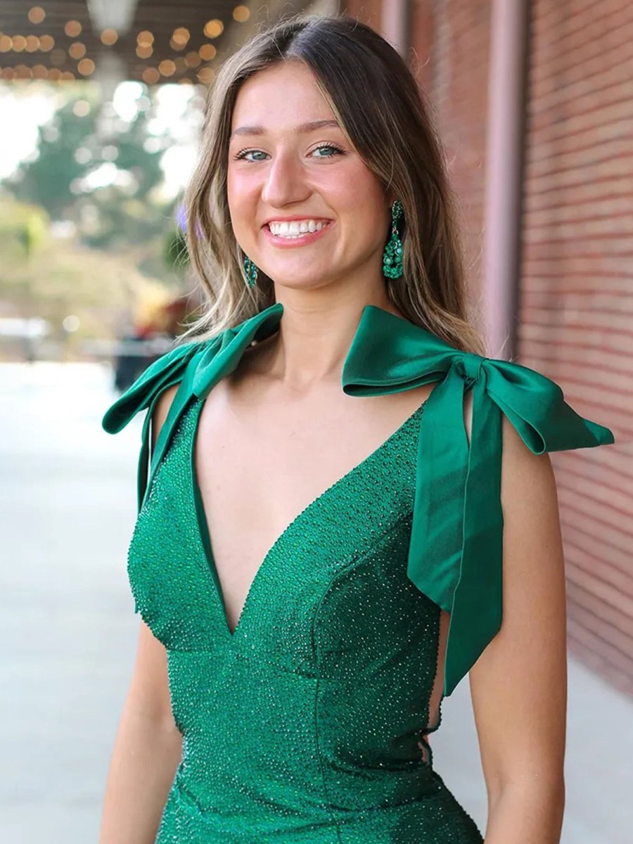 Kycera | Sky Blue V Neck Mermaid Satin Long Prom Dress With Bow