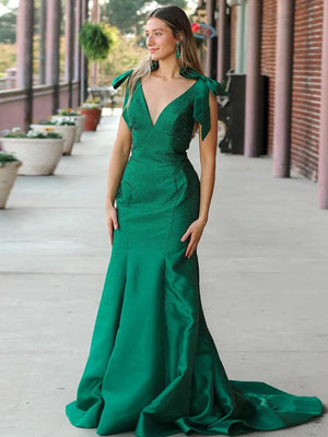 Kycera | Sky Blue V Neck Mermaid Satin Long Prom Dress With Bow