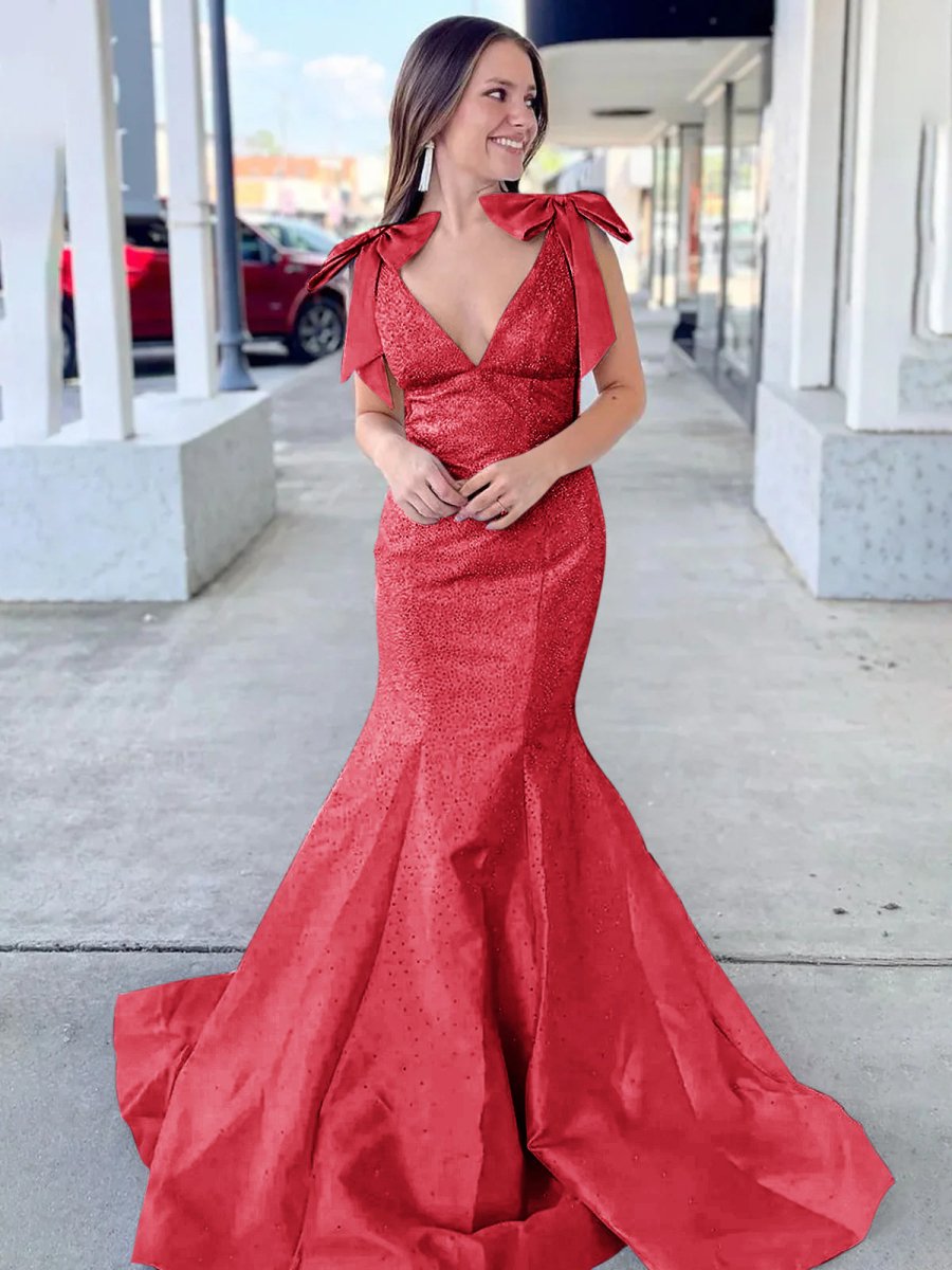 Kycera | Sky Blue V Neck Mermaid Satin Long Prom Dress With Bow