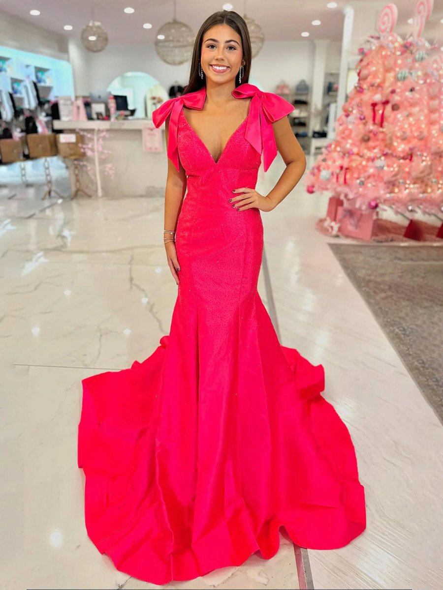 Kycera | Sky Blue V Neck Mermaid Satin Long Prom Dress With Bow