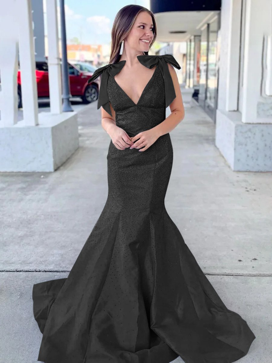 Kycera | Black V Neck Mermaid Satin Long Prom Dress With Bow - Kissprom