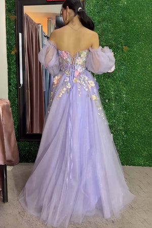 KissProm-Kylena Lavender A-Line Strapless Tulle Prom Dress with 3D Flowers