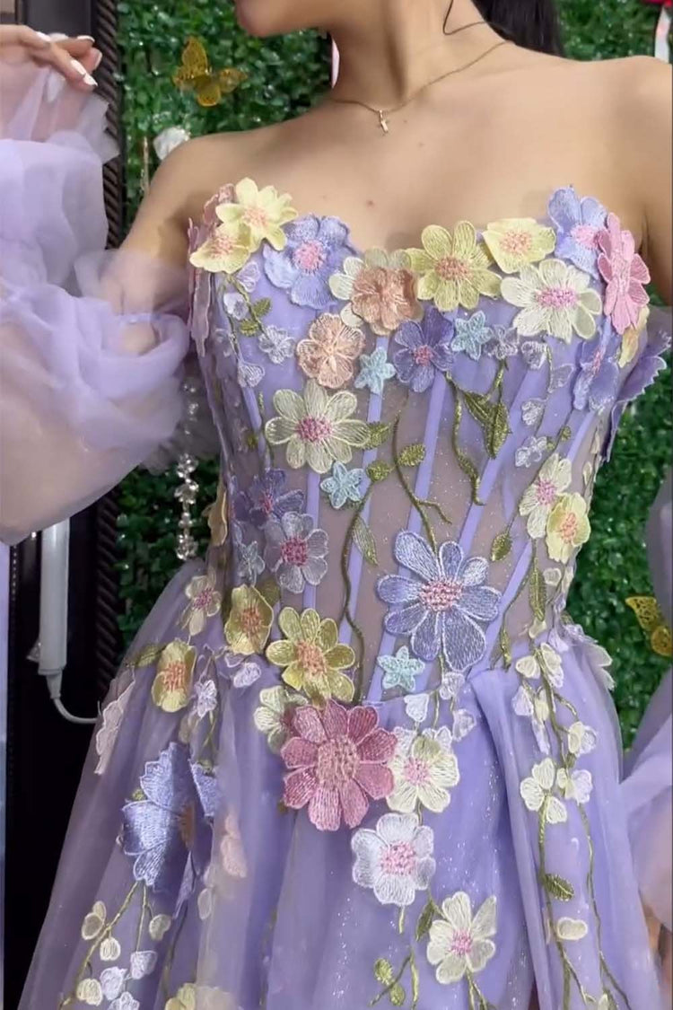 A Line Strapless 3D Embroidered Tulle Sleeveless Prom Dresses LBQ2105