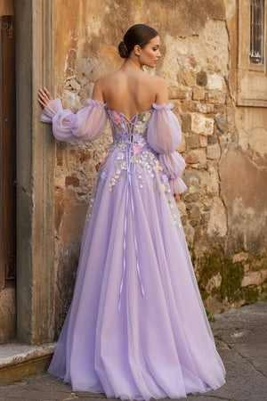 Lavender A - Line Strapless Tulle Prom Dress with 3D Flowers - KissProm