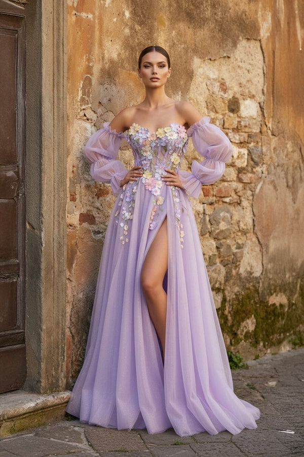 Lavender A - Line Strapless Tulle Prom Dress with 3D Flowers - KissProm
