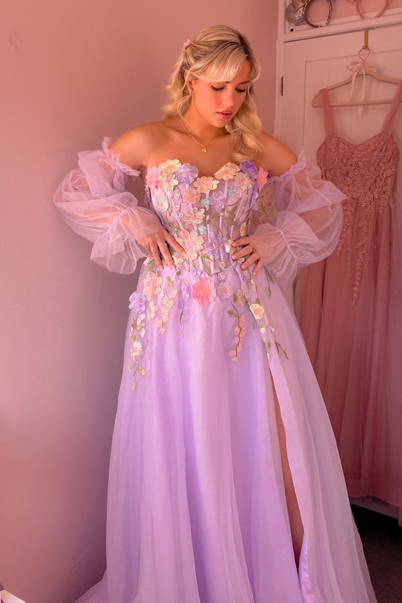 KissProm-Kylena Lavender A-Line Strapless Tulle Prom Dress with 3D Flowers