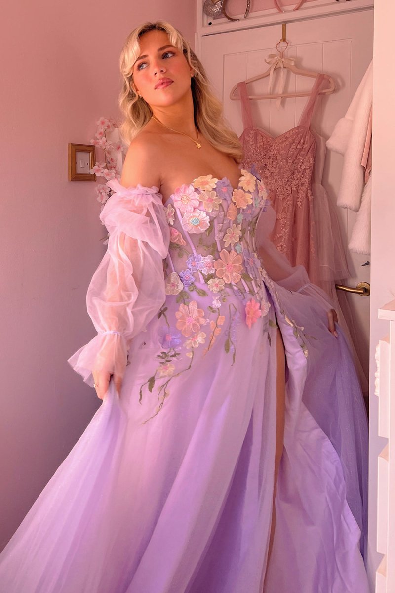 KissProm-Kylena Lavender A-Line Strapless Tulle Prom Dress with 3D Flowers