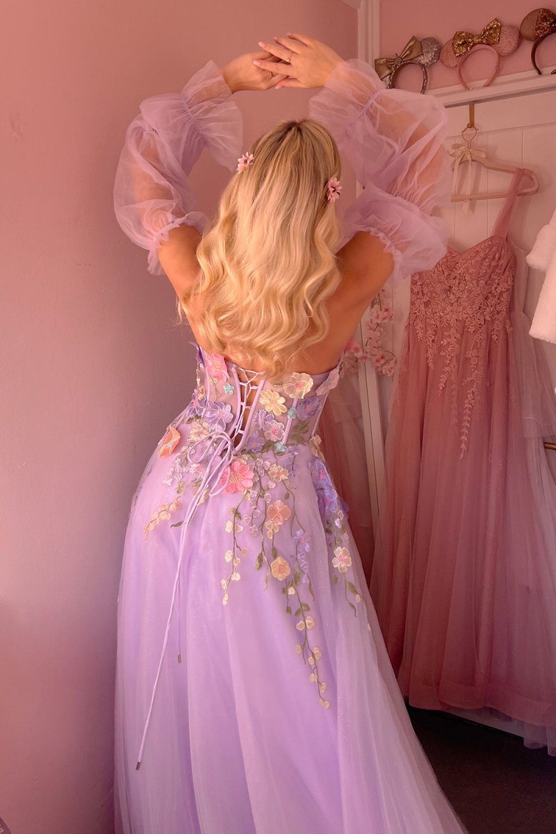 KissProm-Kylena Lavender A-Line Strapless Tulle Prom Dress with 3D Flowers