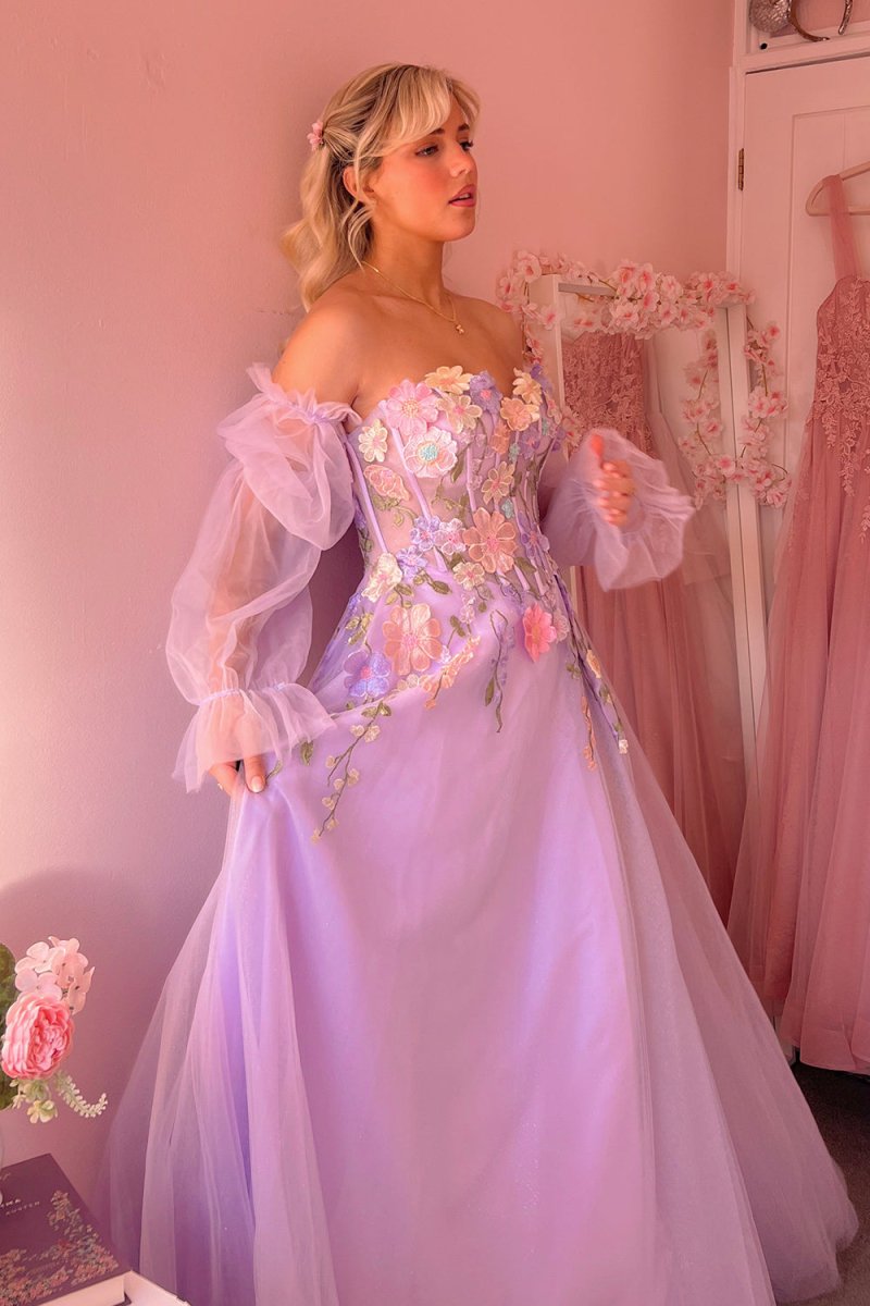 KissProm-Kylena Lavender A-Line Strapless Tulle Prom Dress with 3D Flowers