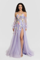 KissProm-Kylena Lavender A-Line Strapless Tulle Prom Dress with 3D Flowers