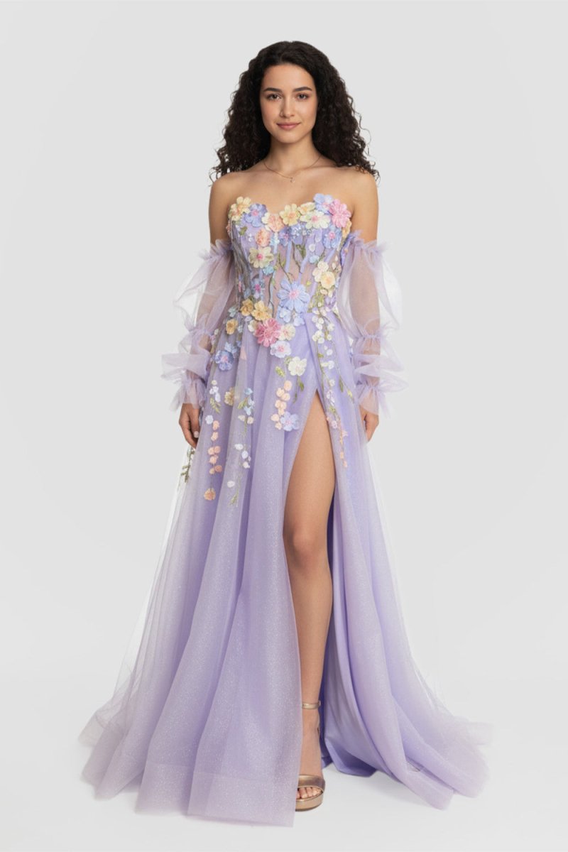 KissProm-Kylena Lavender A-Line Strapless Tulle Prom Dress with 3D Flowers