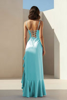 Kylin | Lavender - Spaghetti Straps Sheath Satin Pleated Formal Prom Dresses With Ruffles - KissProm