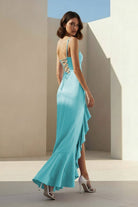 Kylin | Lavender - Spaghetti Straps Sheath Satin Pleated Formal Prom Dresses With Ruffles - KissProm