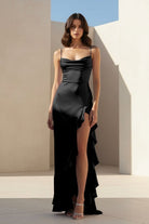 Kylin | Lavender - Spaghetti Straps Sheath Satin Pleated Formal Prom Dresses With Ruffles - KissProm