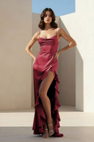 Kylin | Lavender - Spaghetti Straps Sheath Satin Pleated Formal Prom Dresses With Ruffles - KissProm