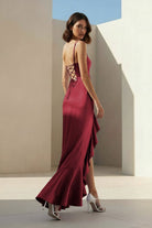 Kylin | Lavender - Spaghetti Straps Sheath Satin Pleated Formal Prom Dresses With Ruffles - KissProm