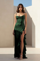 Kylin | Lavender - Spaghetti Straps Sheath Satin Pleated Formal Prom Dresses With Ruffles - KissProm