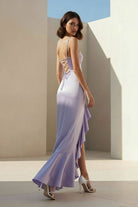 Kylin | Lavender - Spaghetti Straps Sheath Satin Pleated Formal Prom Dresses With Ruffles - KissProm