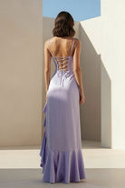 Kylin | Lavender - Spaghetti Straps Sheath Satin Pleated Formal Prom Dresses With Ruffles - KissProm