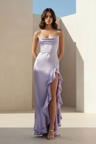 Kylin | Lavender - Spaghetti Straps Sheath Satin Pleated Formal Prom Dresses With Ruffles - KissProm