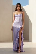 Kylin | Lavender - Spaghetti Straps Sheath Satin Pleated Formal Prom Dresses With Ruffles - KissProm