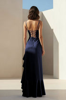 Kylin | Lavender - Spaghetti Straps Sheath Satin Pleated Formal Prom Dresses With Ruffles - KissProm