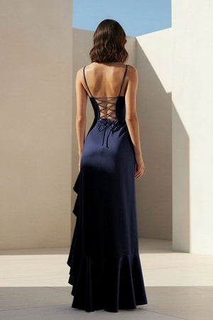 Kylin | Lavender - Spaghetti Straps Sheath Satin Pleated Formal Prom Dresses With Ruffles - KissProm