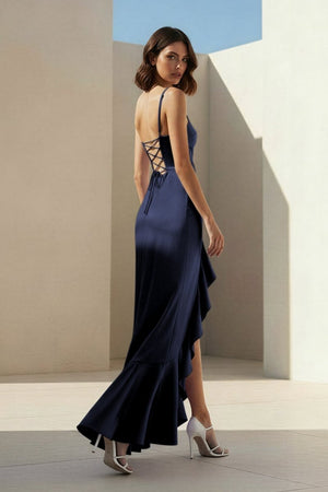 Kylin | Lavender - Spaghetti Straps Sheath Satin Pleated Formal Prom Dresses With Ruffles - KissProm