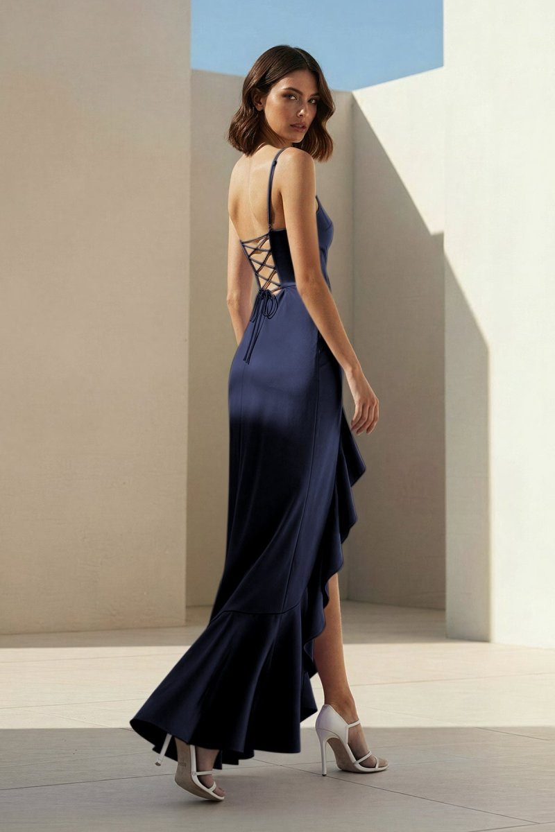 Kylin | Lavender - Spaghetti Straps Sheath Satin Pleated Formal Prom Dresses With Ruffles - KissProm