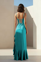 Kylin | Lavender - Spaghetti Straps Sheath Satin Pleated Formal Prom Dresses With Ruffles - KissProm