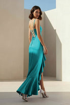 Kylin | Lavender - Spaghetti Straps Sheath Satin Pleated Formal Prom Dresses With Ruffles - KissProm