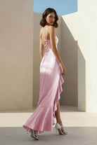 Kylin | Lavender - Spaghetti Straps Sheath Satin Pleated Formal Prom Dresses With Ruffles - KissProm