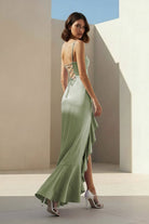 Kylin | Lavender - Spaghetti Straps Sheath Satin Pleated Formal Prom Dresses With Ruffles - KissProm