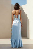 Kylin | Lavender - Spaghetti Straps Sheath Satin Pleated Formal Prom Dresses With Ruffles - KissProm