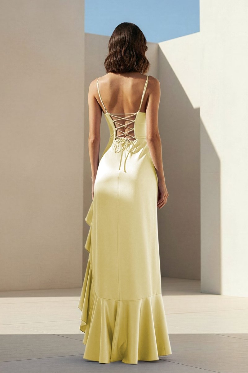 Kylin | Lavender - Spaghetti Straps Sheath Satin Pleated Formal Prom Dresses With Ruffles - KissProm