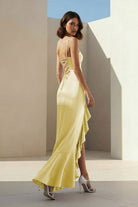 Kylin | Lavender - Spaghetti Straps Sheath Satin Pleated Formal Prom Dresses With Ruffles - KissProm