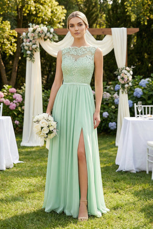 Lace A - Line Bateau Neck Chiffon Long Bridesmaid Dress - KissProm Bridesmaid Dresses