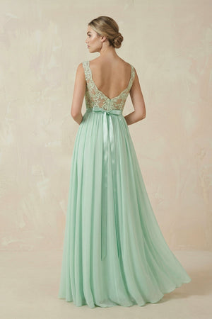 Lace A - Line Bateau Neck Chiffon Long Bridesmaid Dress - KissProm Bridesmaid Dresses