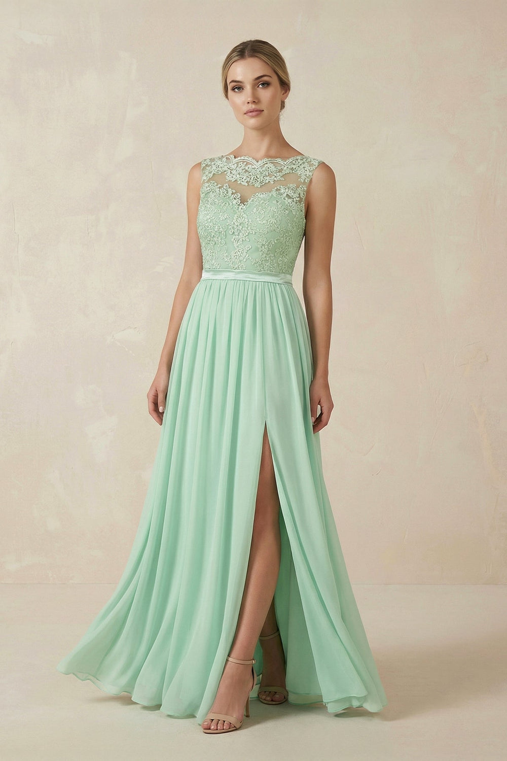 Lace A - Line Bateau Neck Chiffon Long Bridesmaid Dress - KissProm Bridesmaid Dresses