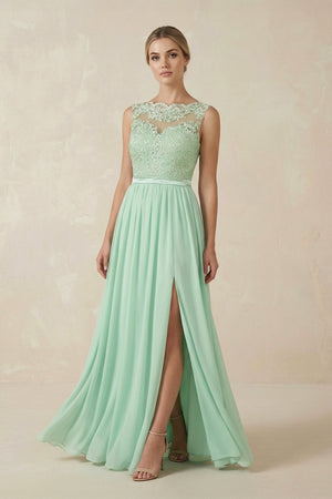 Lace A - Line Bateau Neck Chiffon Long Bridesmaid Dress - KissProm Bridesmaid Dresses