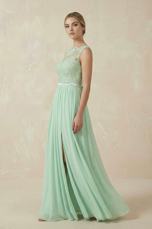 Lace A - Line Bateau Neck Chiffon Long Bridesmaid Dress - KissProm Bridesmaid Dresses